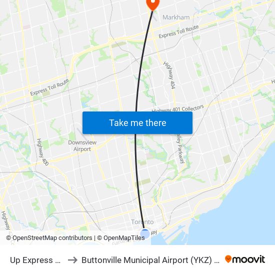 Up Express Union Station to Buttonville Municipal Airport (YKZ) (Buttonville Municipal Airport) map