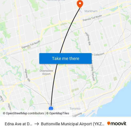 Edna Ave at Dundas St West to Buttonville Municipal Airport (YKZ) (Buttonville Municipal Airport) map