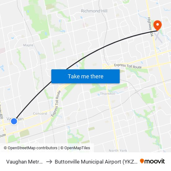 Vaughan Metropolitan Centre to Buttonville Municipal Airport (YKZ) (Buttonville Municipal Airport) map