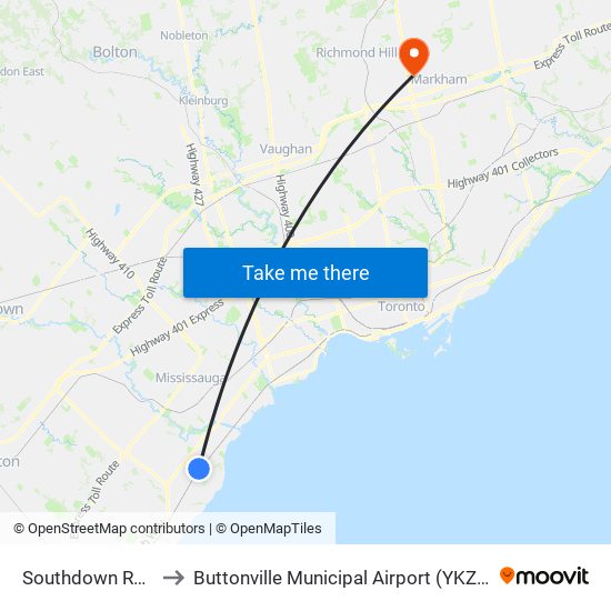 Southdown Rd at Hartland Dr to Buttonville Municipal Airport (YKZ) (Buttonville Municipal Airport) map