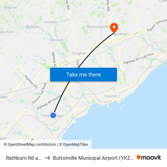 Rathburn Rd at City Centre Dr to Buttonville Municipal Airport (YKZ) (Buttonville Municipal Airport) map