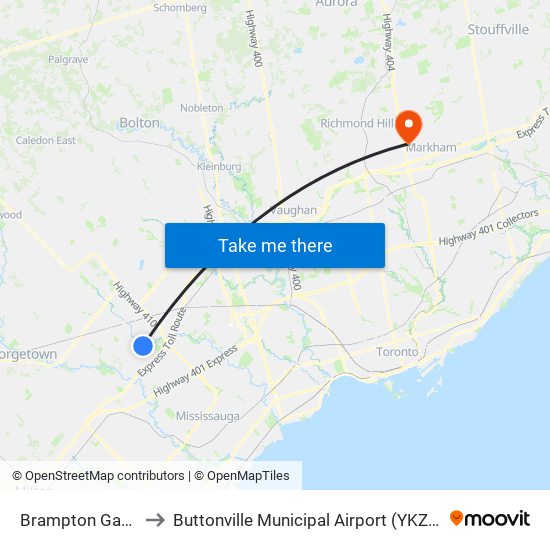 Brampton Gateway Terminal to Buttonville Municipal Airport (YKZ) (Buttonville Municipal Airport) map