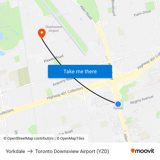 Yorkdale to Toronto Downsview Airport (YZD) map