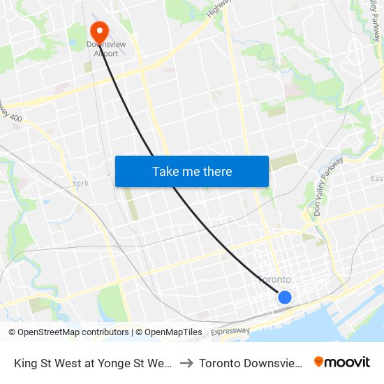 King St West at Yonge St West Side - King Station to Toronto Downsview Airport (YZD) map