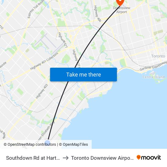 Southdown Rd at Hartland Dr to Toronto Downsview Airport (YZD) map