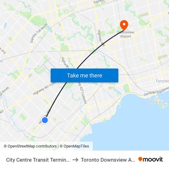 City Centre Transit Terminal Platform K to Toronto Downsview Airport (YZD) map