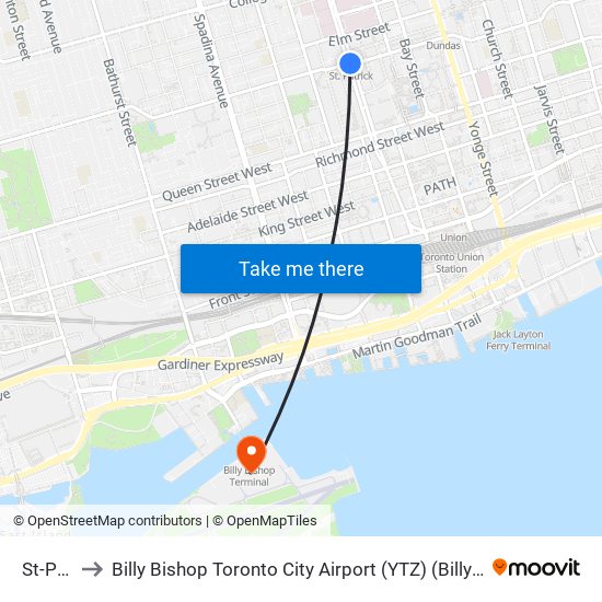 St-Patrick to Billy Bishop Toronto City Airport (YTZ) (Billy Bishop Toronto City Airport) map