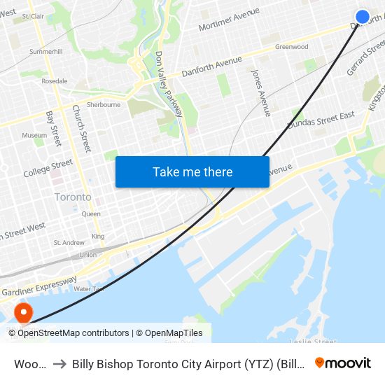 Woodbine to Billy Bishop Toronto City Airport (YTZ) (Billy Bishop Toronto City Airport) map