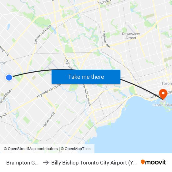 Brampton Gateway Terminal to Billy Bishop Toronto City Airport (YTZ) (Billy Bishop Toronto City Airport) map