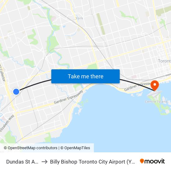 Dundas St At Billingham Rd to Billy Bishop Toronto City Airport (YTZ) (Billy Bishop Toronto City Airport) map