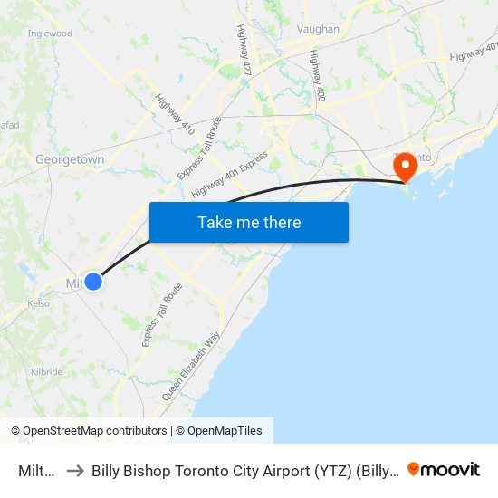 Milton Go to Billy Bishop Toronto City Airport (YTZ) (Billy Bishop Toronto City Airport) map