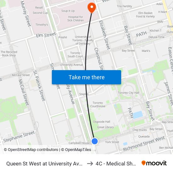 Queen St West at University Ave - Osgoode Station to 4C - Medical Short Stay Unit map