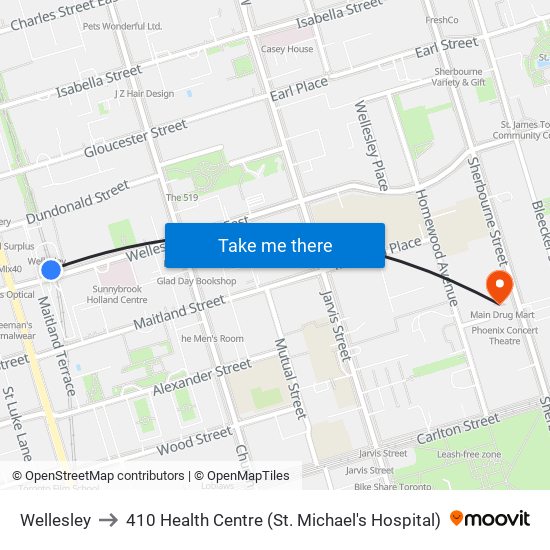 Wellesley to 410 Health Centre (St. Michael's Hospital) map