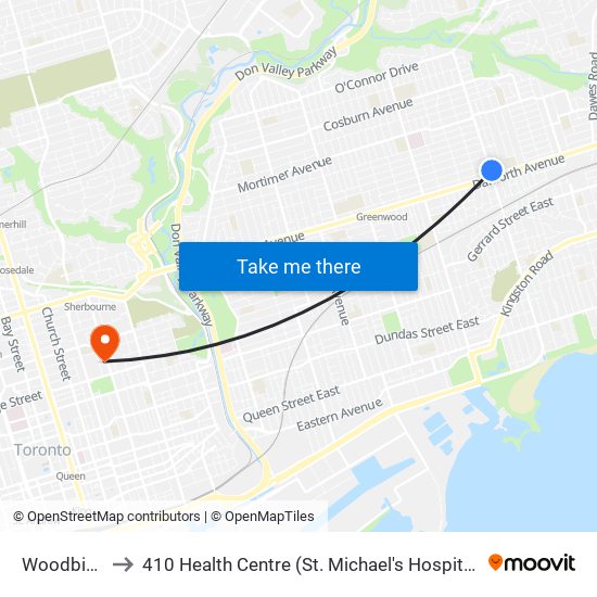 Woodbine to 410 Health Centre (St. Michael's Hospital) map