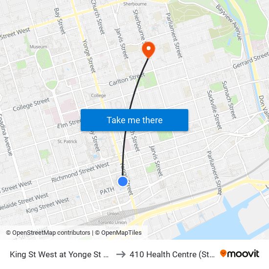 King St West at Yonge St West Side - King Station to 410 Health Centre (St. Michael's Hospital) map