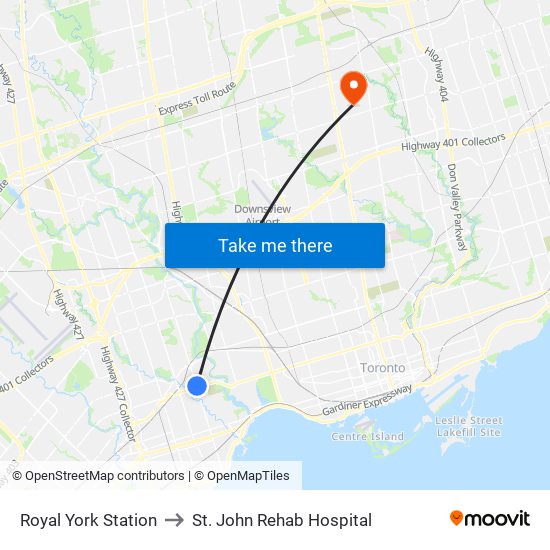 Royal York Station to St. John Rehab Hospital map