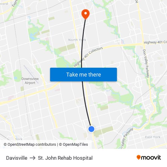 Davisville to St. John Rehab Hospital map