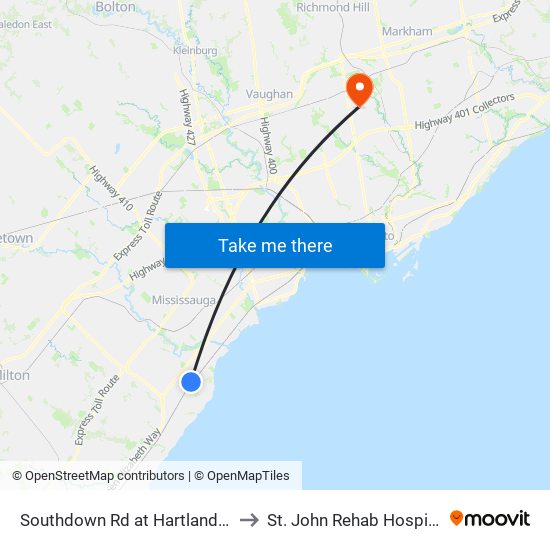 Southdown Rd at Hartland Dr to St. John Rehab Hospital map