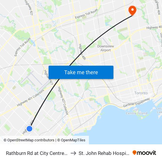 Rathburn Rd at City Centre Dr to St. John Rehab Hospital map
