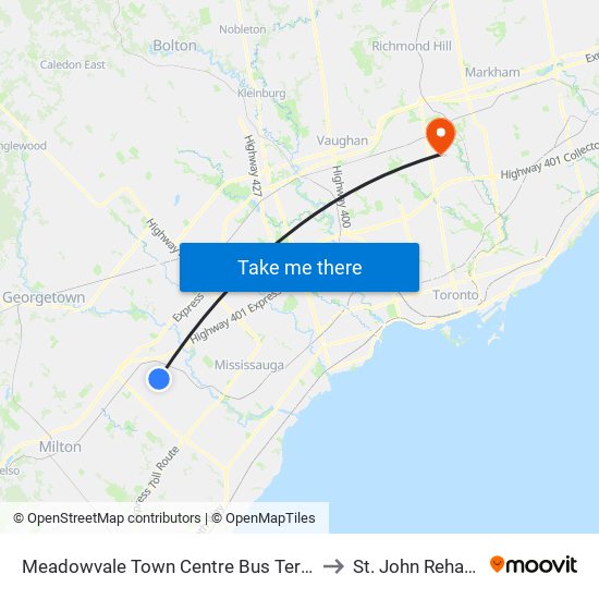 Meadowvale Town Centre Bus Terminal Platform H, I, J to St. John Rehab Hospital map
