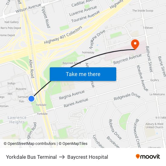 Yorkdale Bus Terminal to Baycrest Hospital map