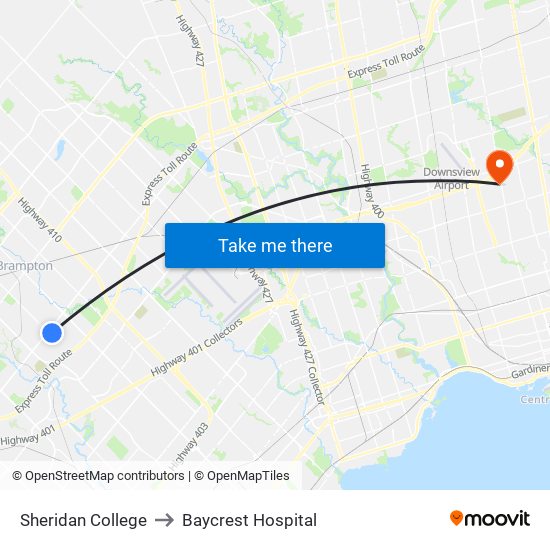 Sheridan College to Baycrest Hospital map