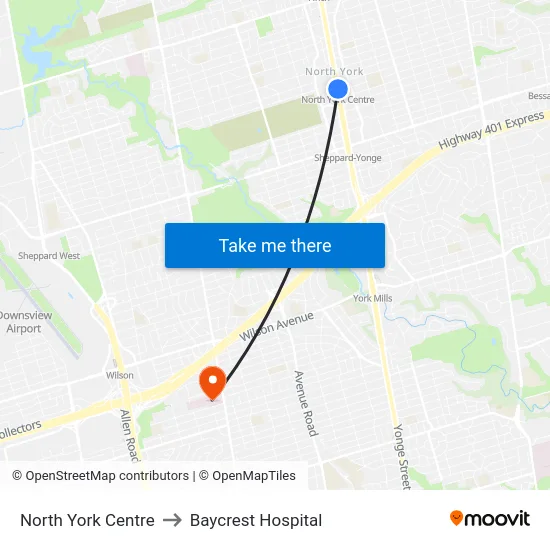 North York Centre to Baycrest Hospital map