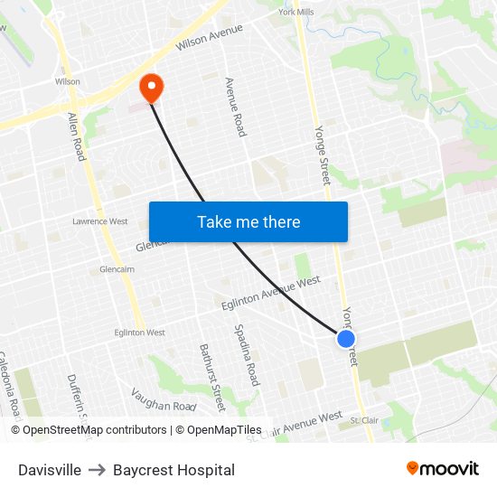 Davisville to Baycrest Hospital map