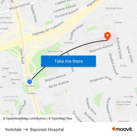 Yorkdale to Baycrest Hospital map