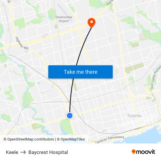 Keele to Baycrest Hospital map