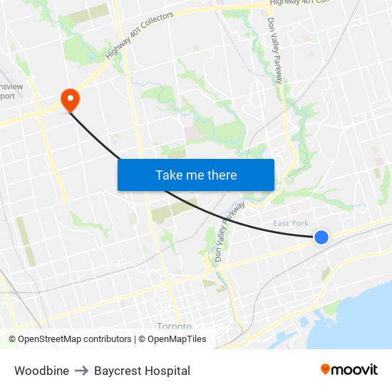Woodbine to Baycrest Hospital map
