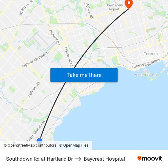 Southdown Rd at Hartland Dr to Baycrest Hospital map