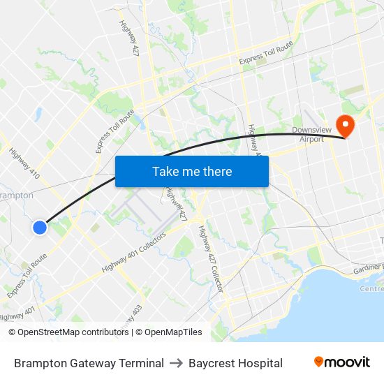 Brampton Gateway Terminal to Baycrest Hospital map