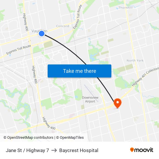 Jane St / Highway 7 to Baycrest Hospital map