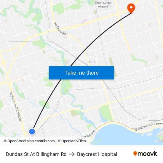 Dundas St At Billingham Rd to Baycrest Hospital map