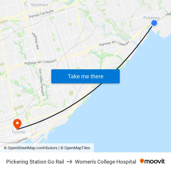 Pickering Station Go Rail to Women's College Hospital map