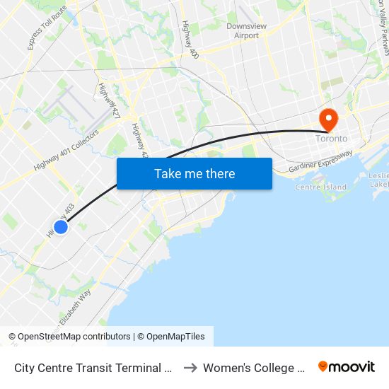 City Centre Transit Terminal Platform A to Women's College Hospital map