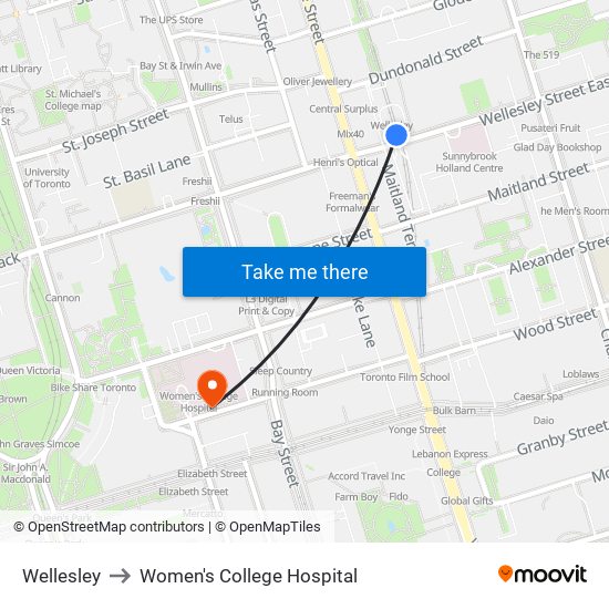 Wellesley to Women's College Hospital map