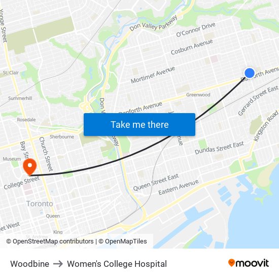 Woodbine to Women's College Hospital map