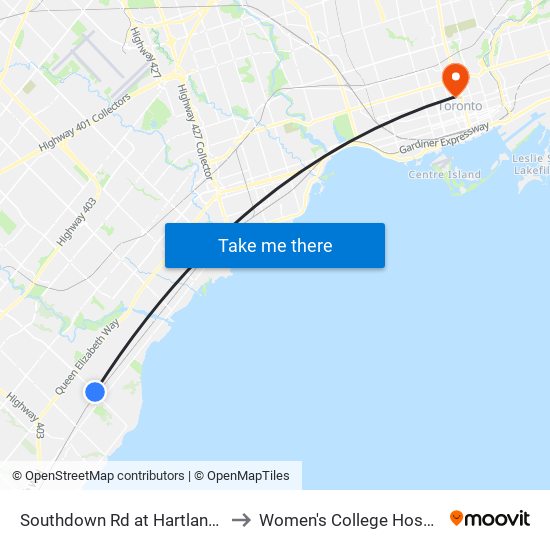 Southdown Rd at Hartland Dr to Women's College Hospital map