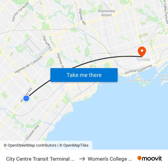 City Centre Transit Terminal Platform K to Women's College Hospital map