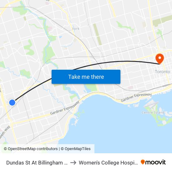 Dundas St At Billingham Rd to Women's College Hospital map