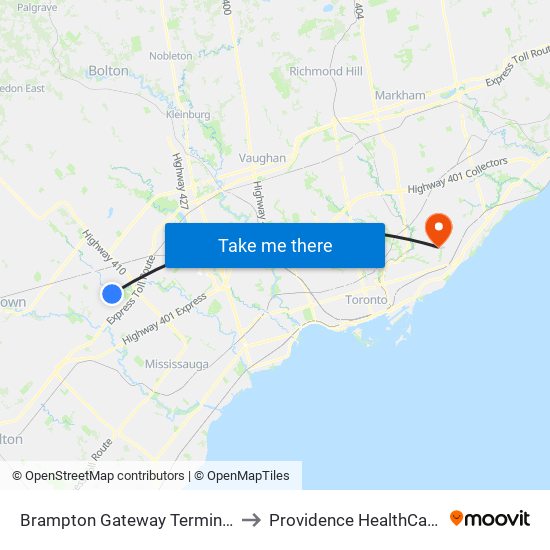 Brampton Gateway Terminal to Providence HealthCare map