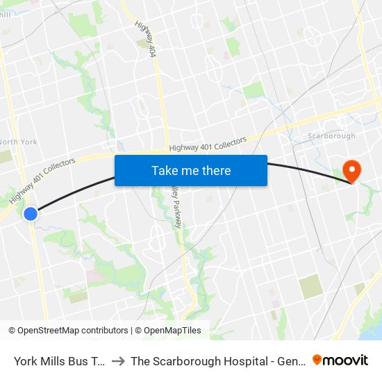 York Mills Bus Terminal to The Scarborough Hospital - General Campus map