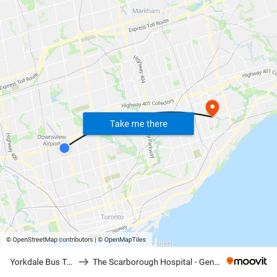 Yorkdale Bus Terminal to The Scarborough Hospital - General Campus map