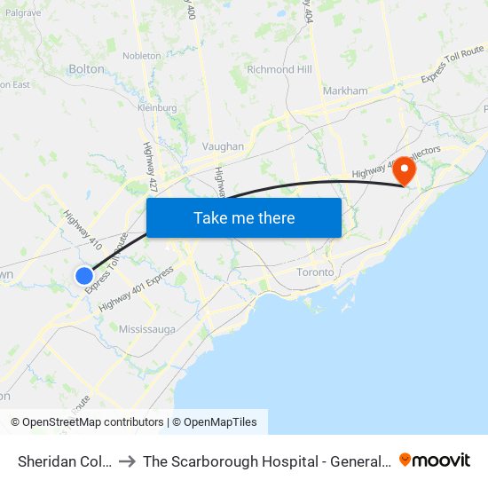 Sheridan College to The Scarborough Hospital - General Campus map