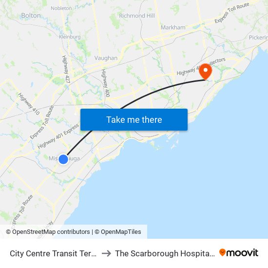 City Centre Transit Terminal Platform A to The Scarborough Hospital - General Campus map