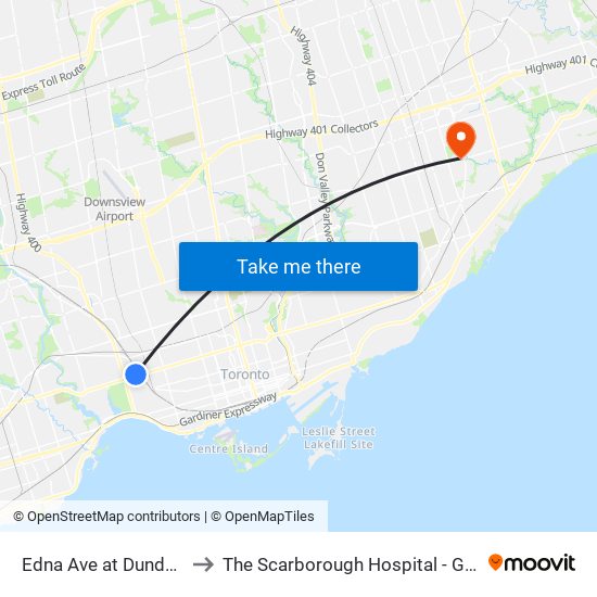Edna Ave at Dundas St West to The Scarborough Hospital - General Campus map