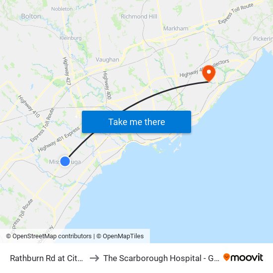 Rathburn Rd at City Centre Dr to The Scarborough Hospital - General Campus map