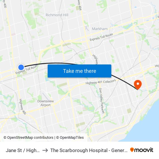 Jane St / Highway 7 to The Scarborough Hospital - General Campus map